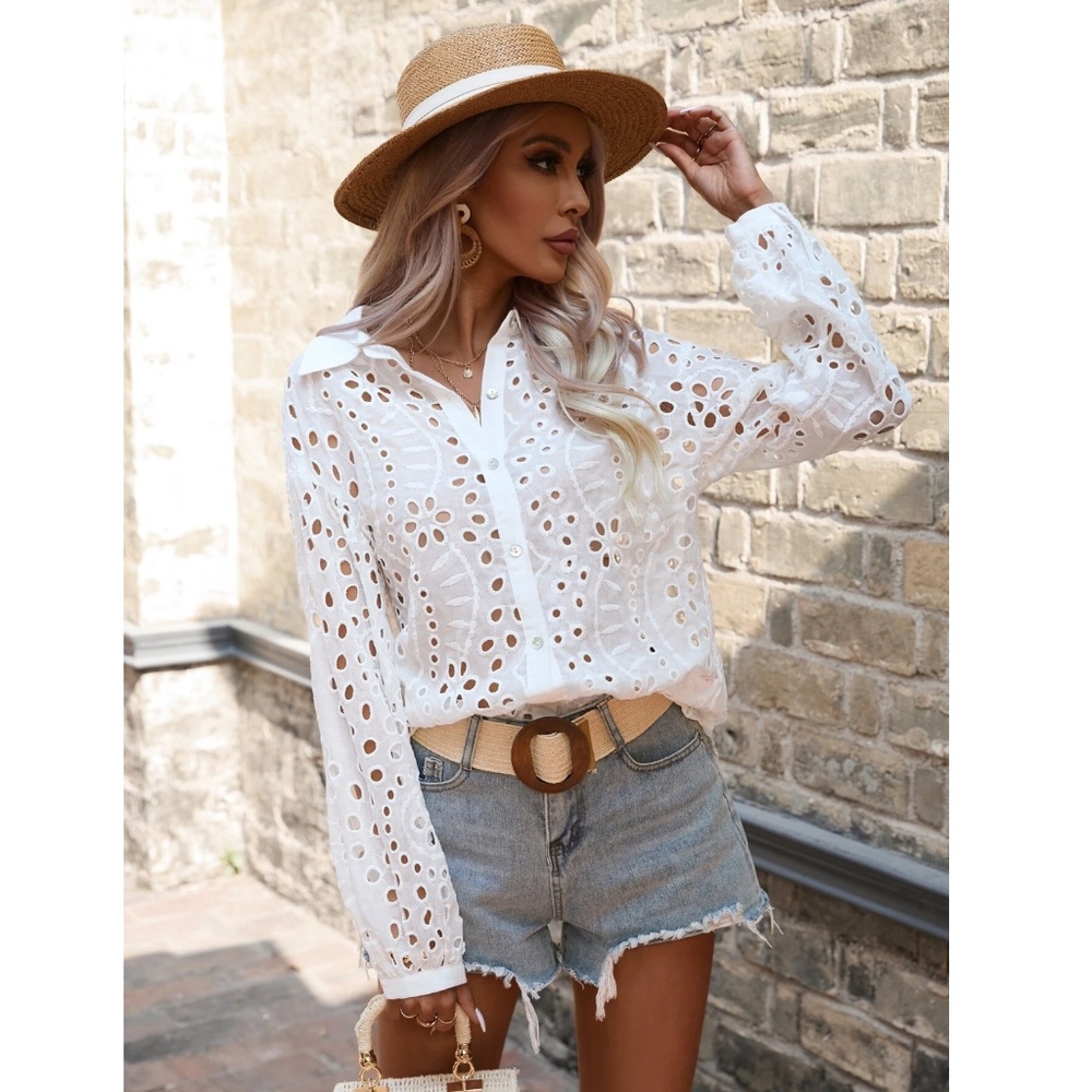 White Boho Eyelet Button Down Shirt Bishop Long Sleeves - Picture 6 of 9